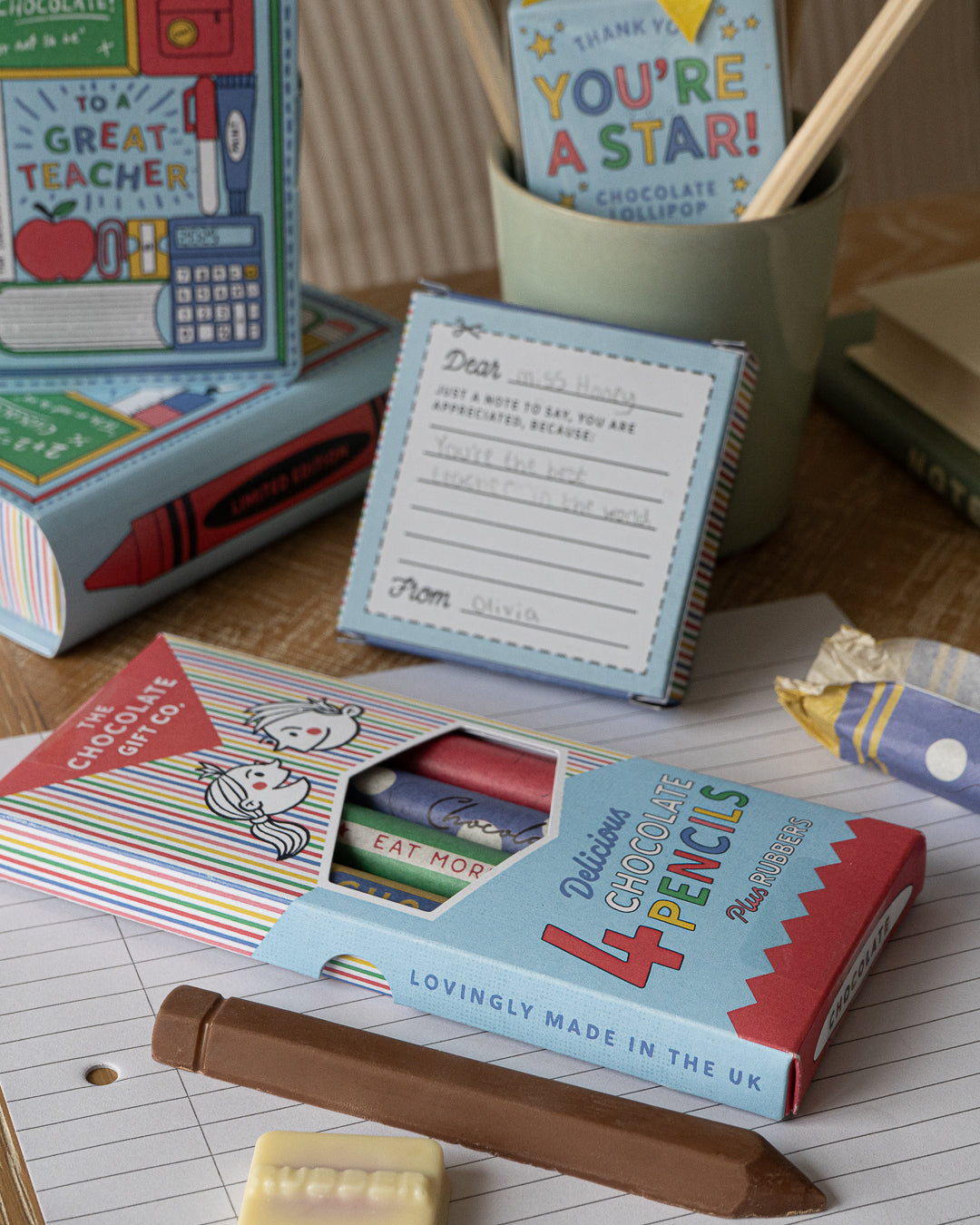TEACHERS CHOCOLATE PENCILS AND RUBBERS